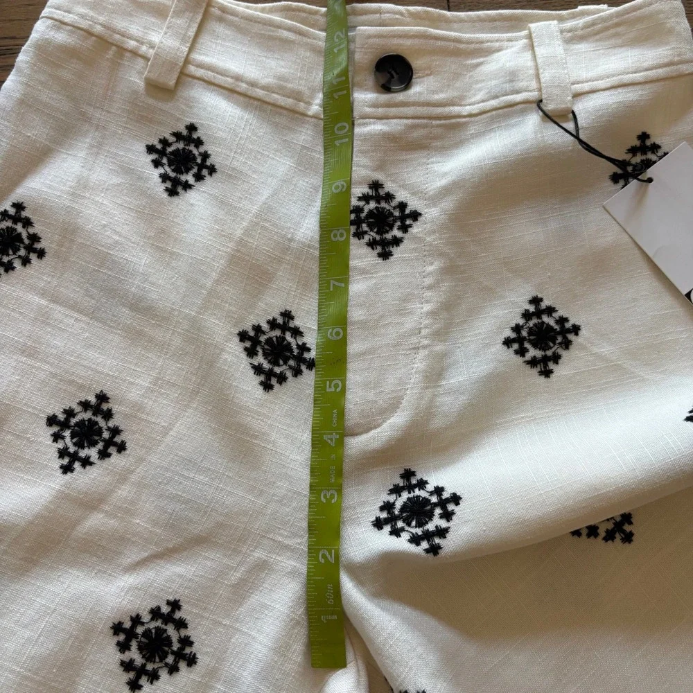 Zara Embroidered Linen Blend Wide Leg Pants White Black XS NEW